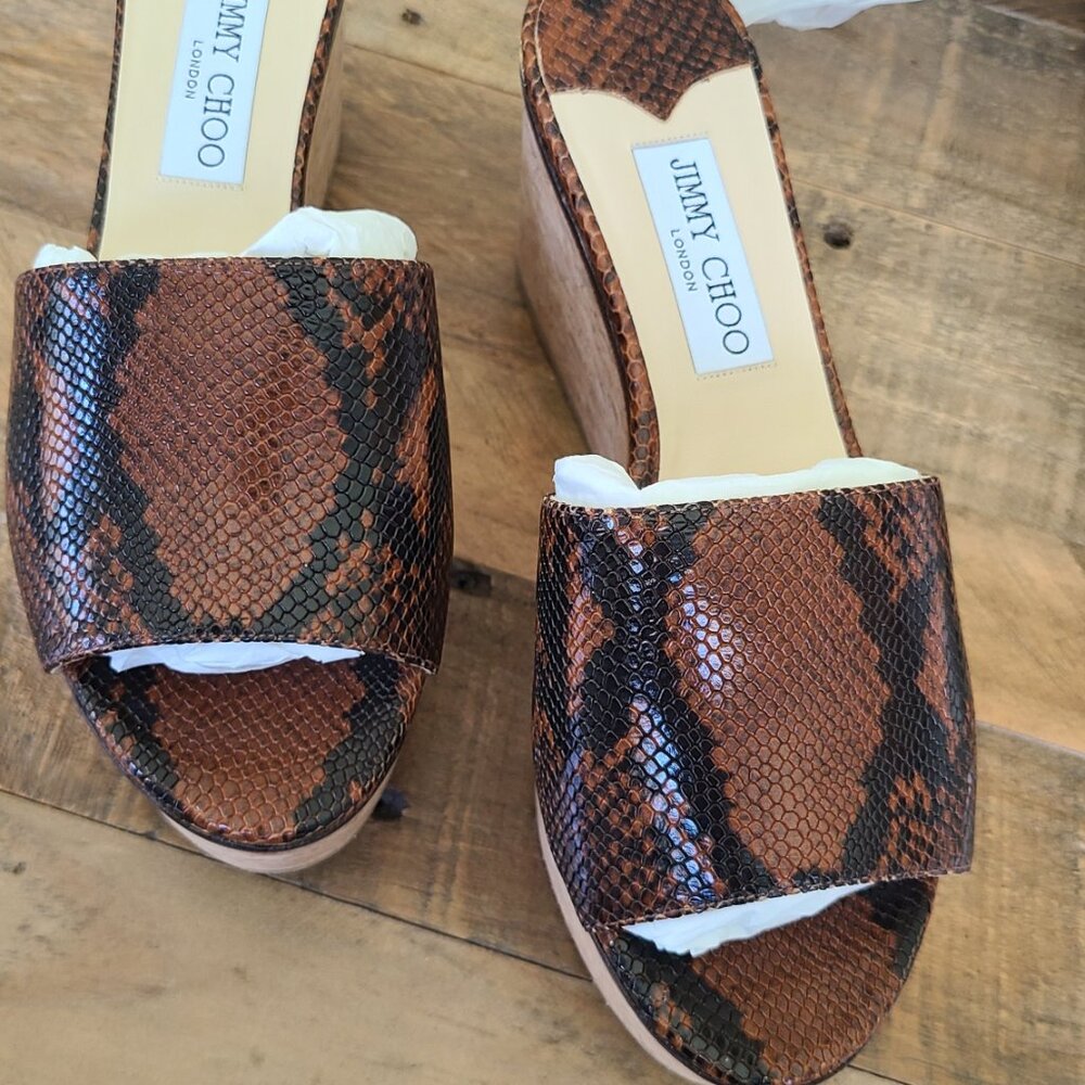 Jimmy Choo Snakeskin Cork Platform Wedge Sandals 38.5 NIB